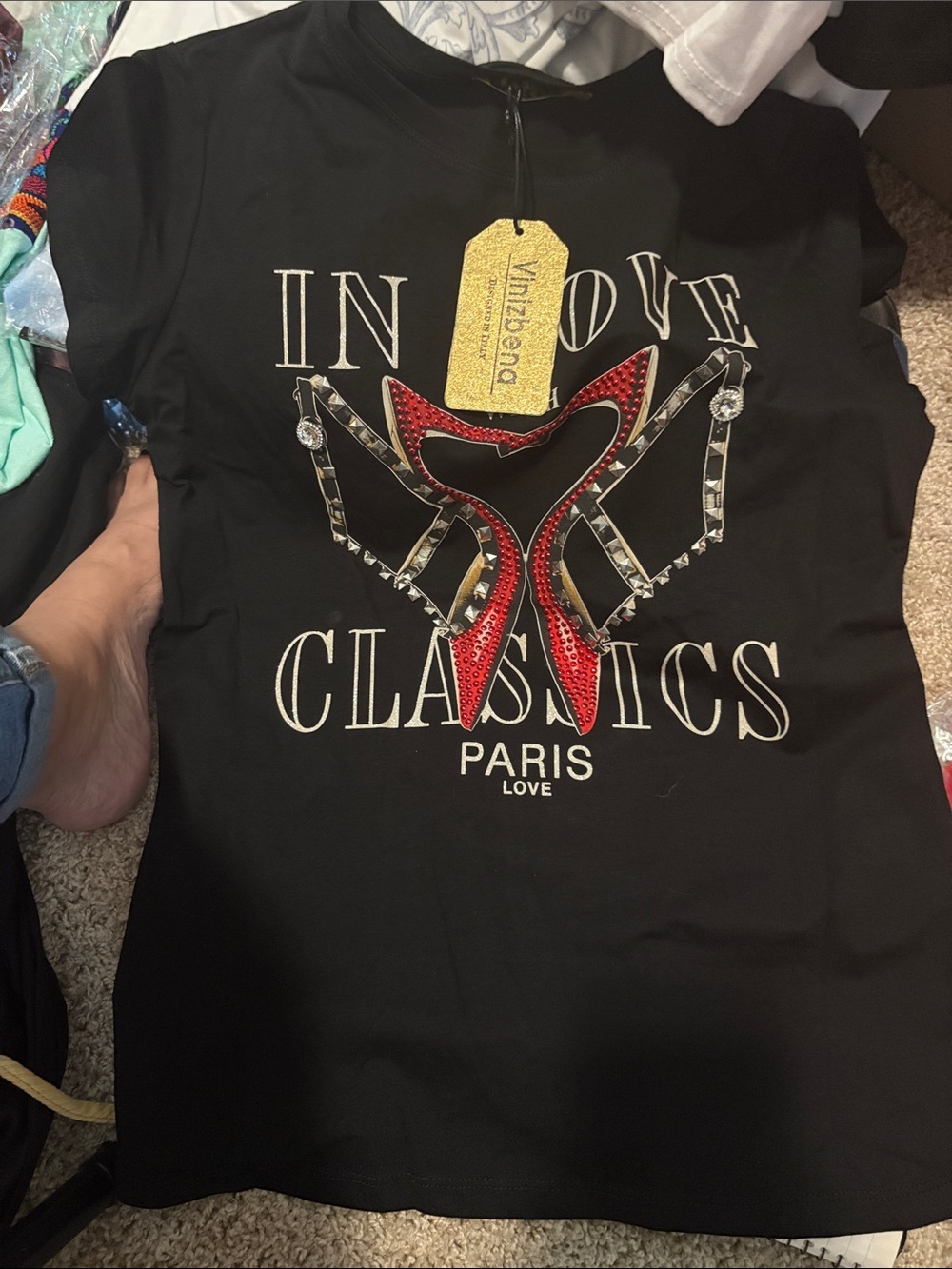 Paris Love Black Graphic Tee with Red Accent